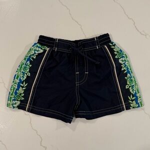 Navy Blue Swim Shorts with Green Floral Pattern